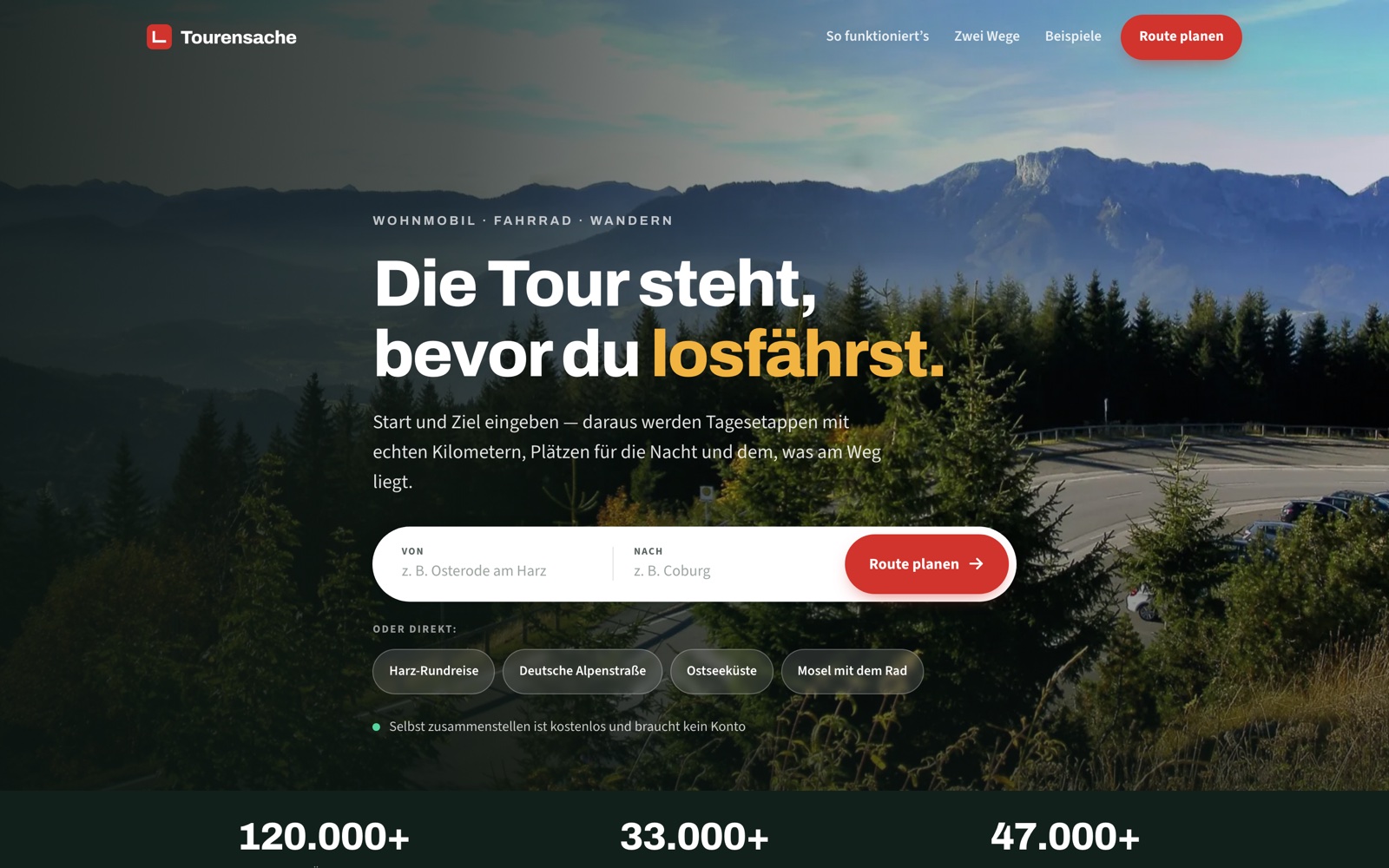 Startseite der Website Tourensache
