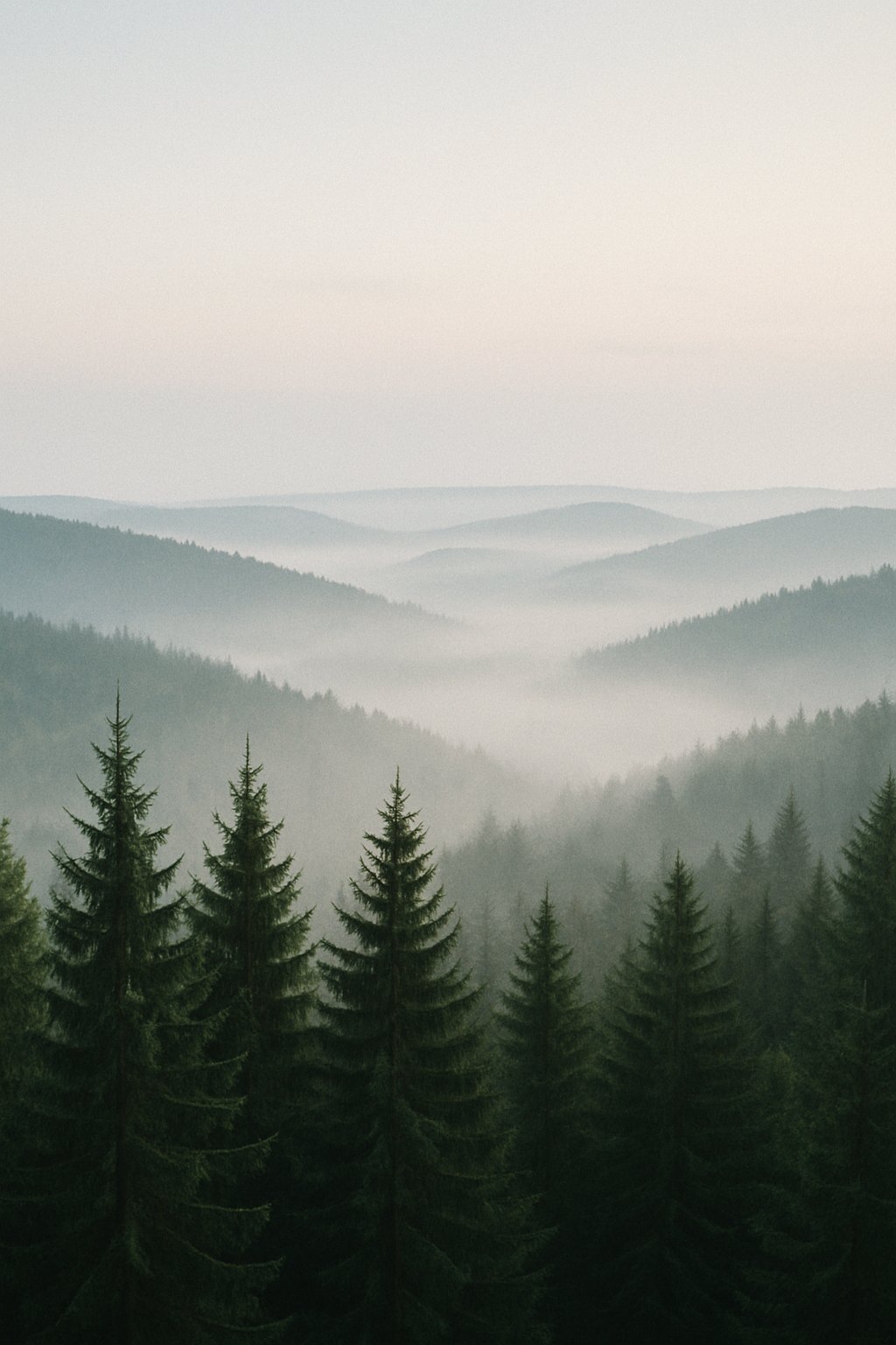 Bewaldete Harzer Bergkuppen im Morgennebel