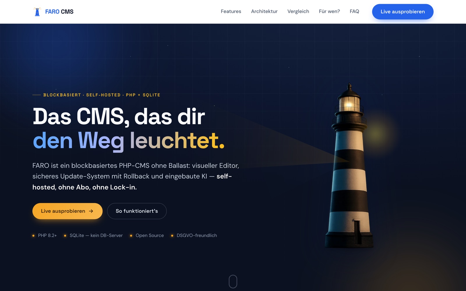 Startseite von FARO CMS mit beleuchtetem Leuchtturm auf dunkelblauem Grund