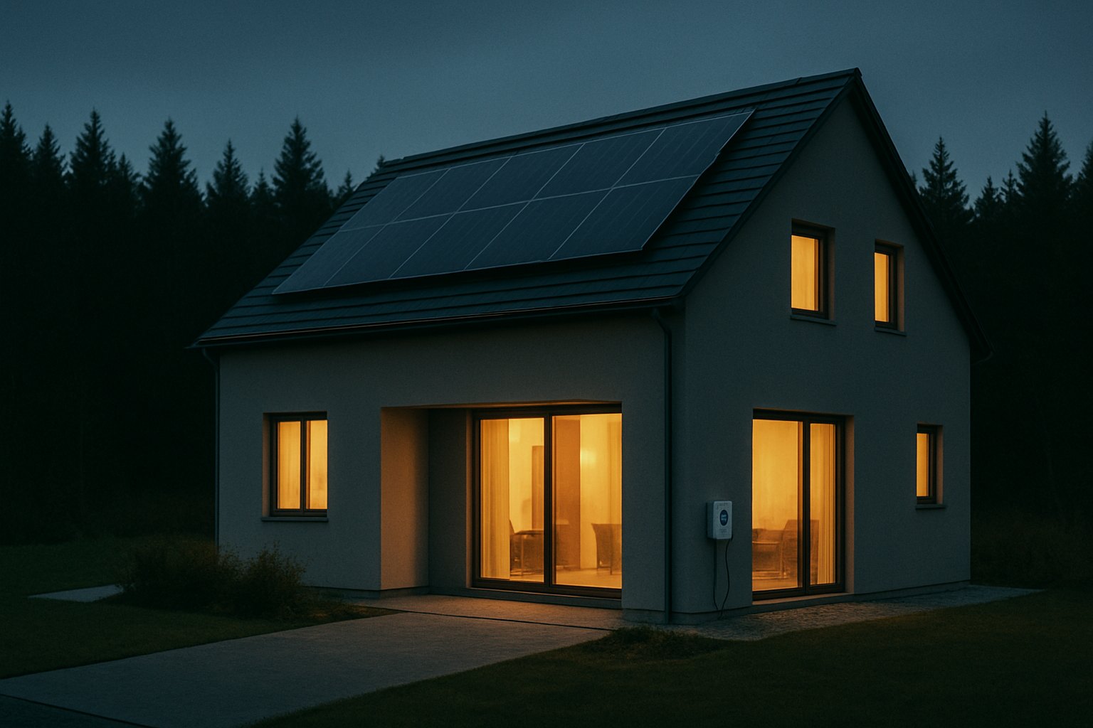 Modernes Einfamilienhaus in der Dämmerung mit warm erleuchteten Fenstern und Solardach